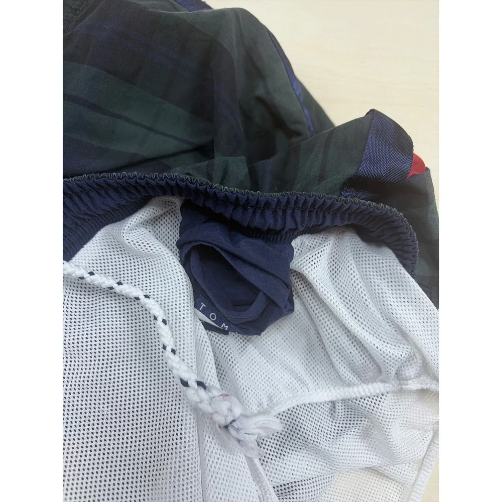 Tommy Hilfiger Mens Plaid Swim Trunks Green Navy Blue L Mesh Lined Board Shorts